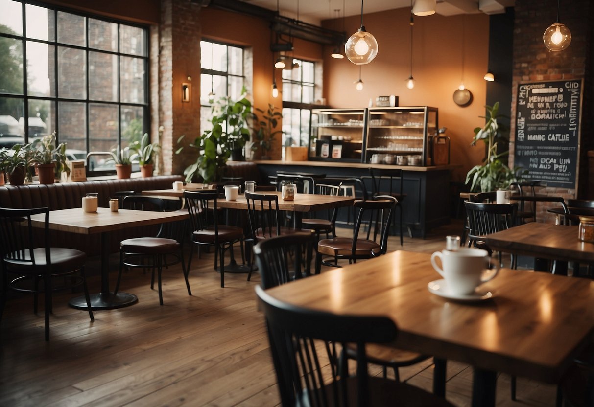 A bustling cafe with mismatched chairs and tables. Customers chat over steaming cups of coffee. A sign reads "Frequently Asked Questions" above the furniture display