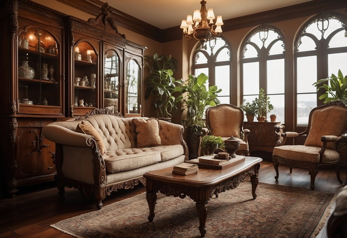 A cozy living room adorned with antique furniture, including a vintage chaise lounge, ornate wooden side tables, and a grand, intricately carved armoire