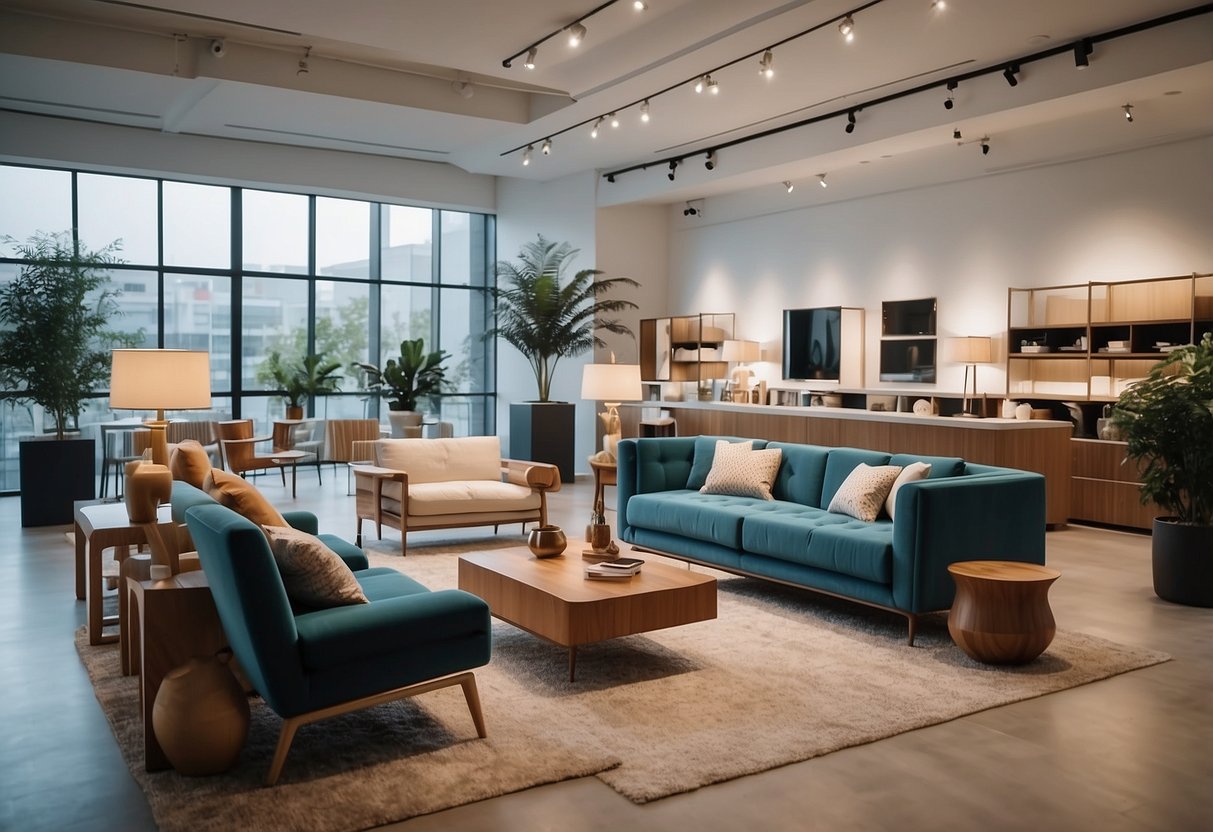A spacious, well-lit showroom with modern and classic furniture displays. Bright colors and clean lines create an inviting atmosphere