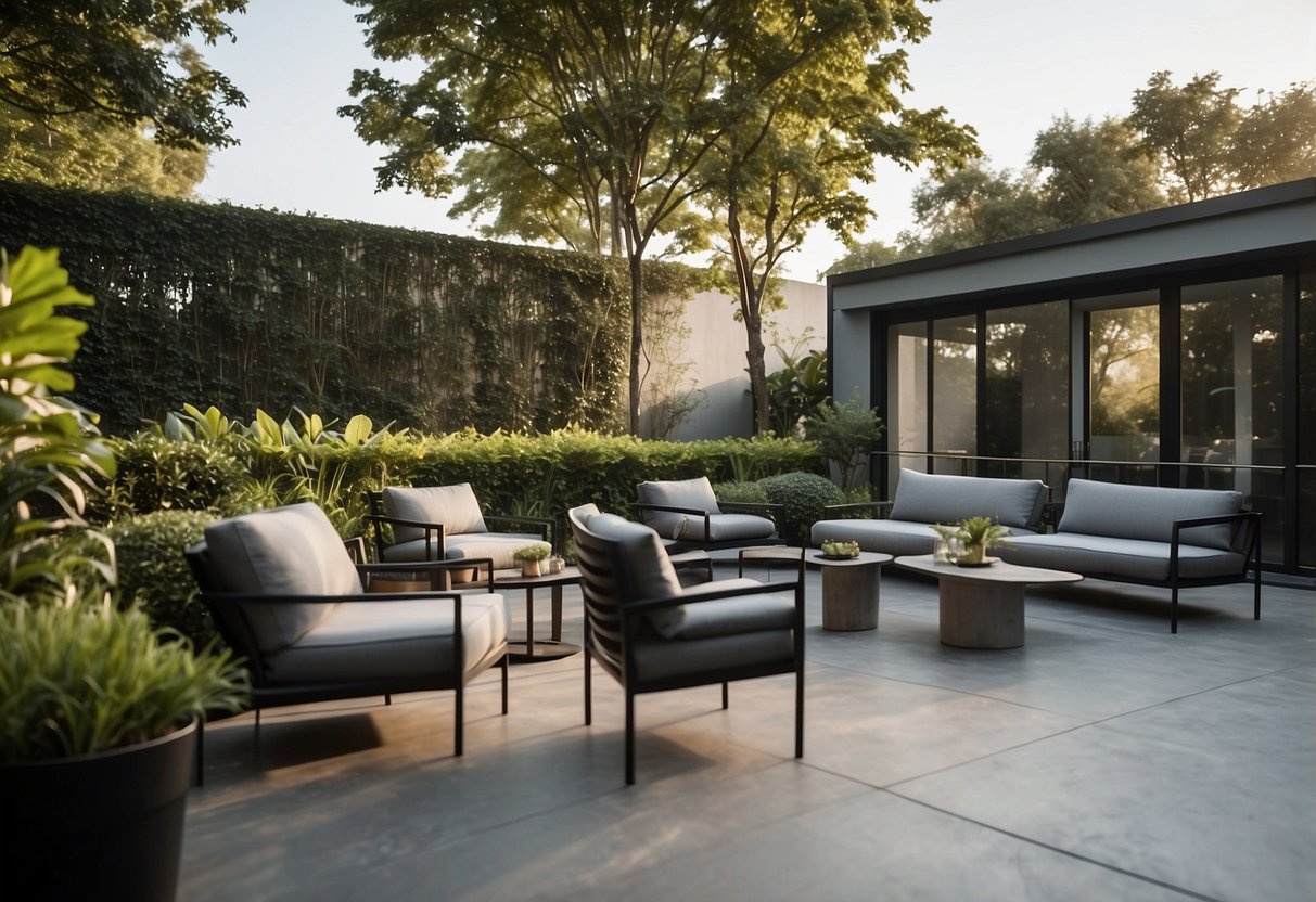 A modern outdoor seating area with sleek, minimalist chairs and tables arranged on a spacious patio surrounded by lush greenery
