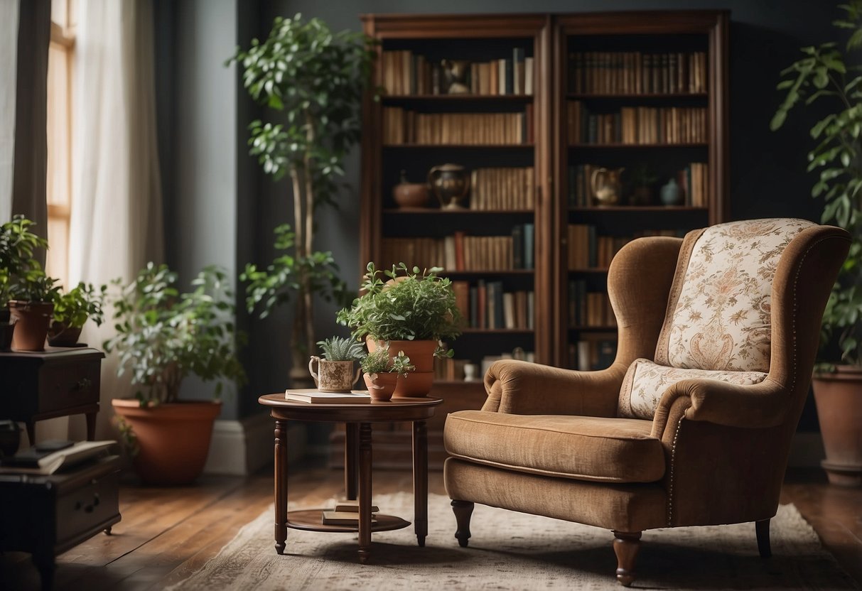 Antique furniture arranged in a cozy living room with decorative accents and plants. A bookshelf filled with vintage books and a comfortable armchair completes the scene