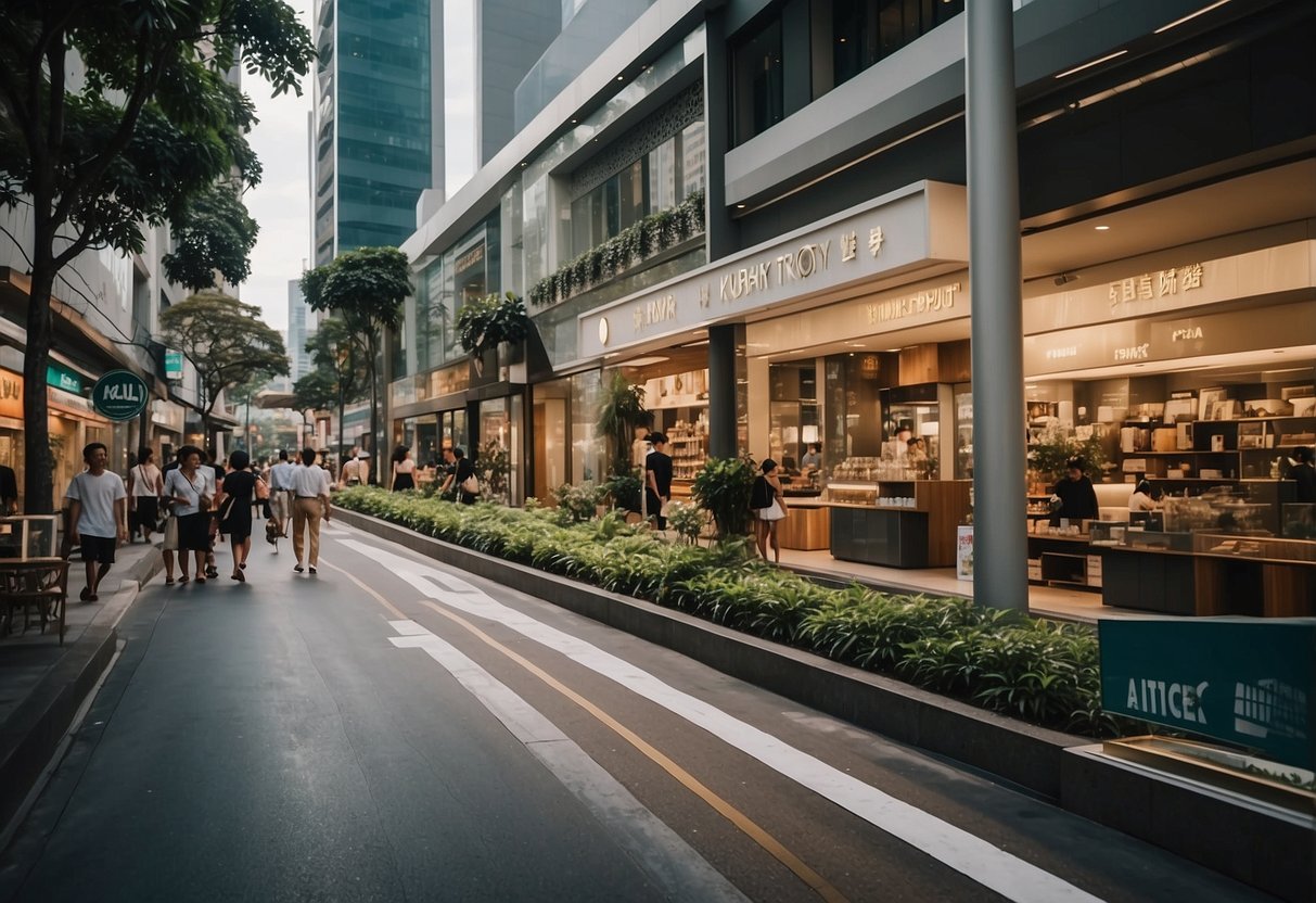A bustling street in Singapore, lined with modern and stylish furniture stores. Bright signs and sleek displays catch the eye of passersby