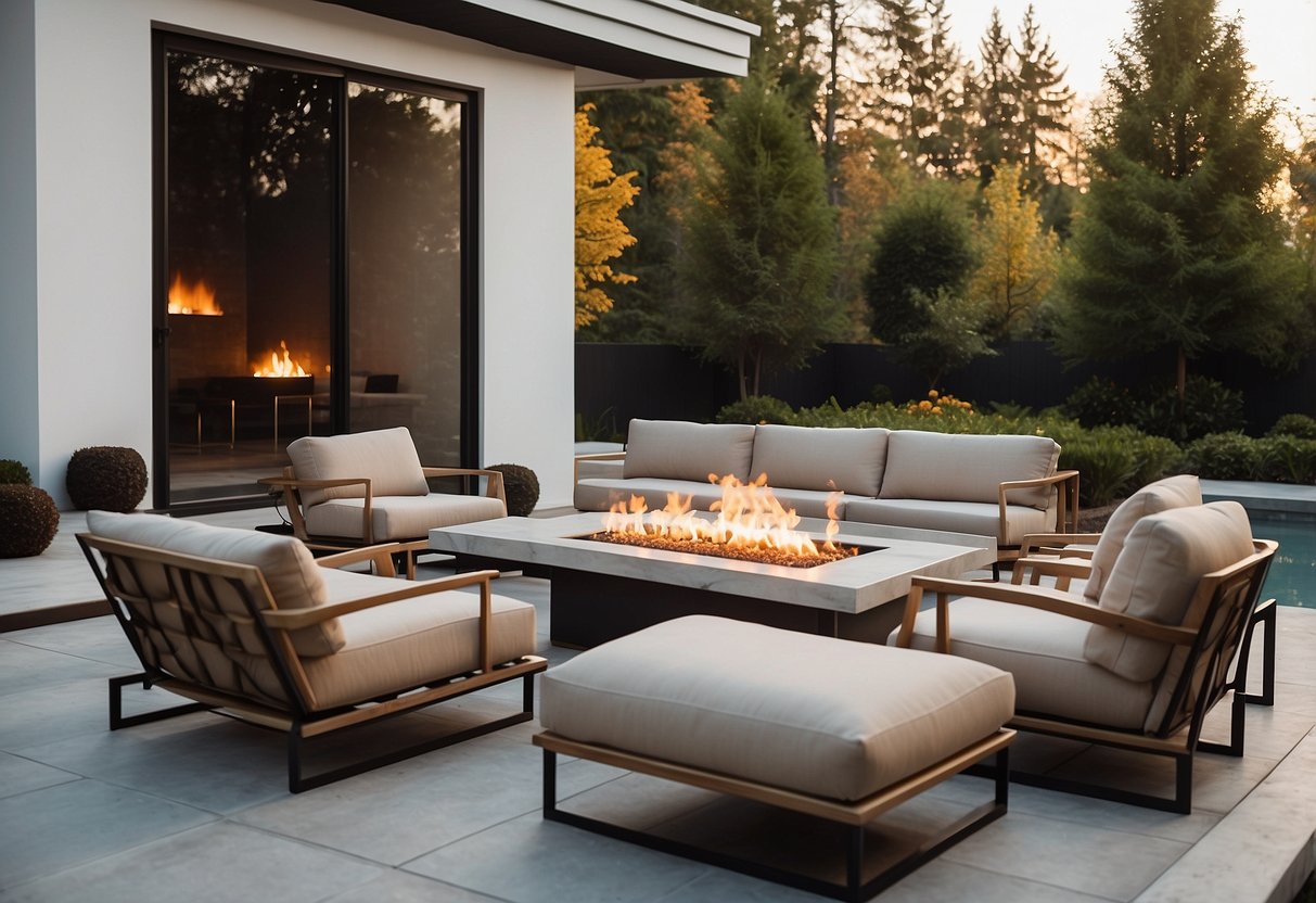 A modern outdoor space with sleek architectural furniture, including a minimalist dining set, lounge chairs, and a statement outdoor fireplace