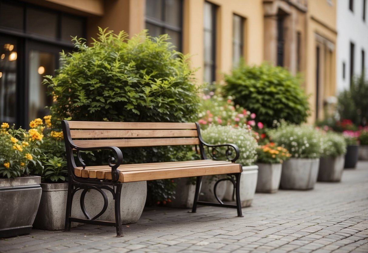 A wooden bench and metal table sit on a paved plaza, surrounded by potted plants. The furniture is clean and well-maintained, with no signs of wear or damage