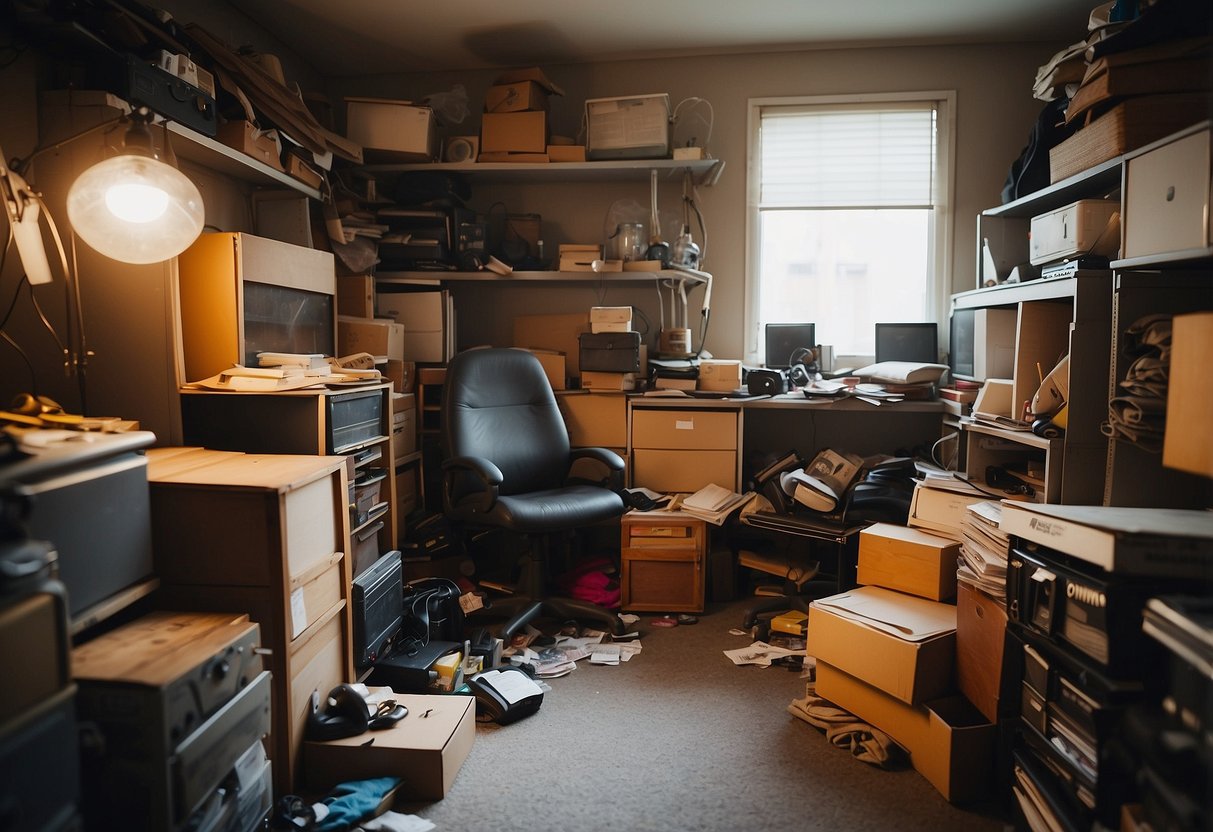 A cluttered room with mismatched, worn-out furniture stacked haphazardly in cheap storage units