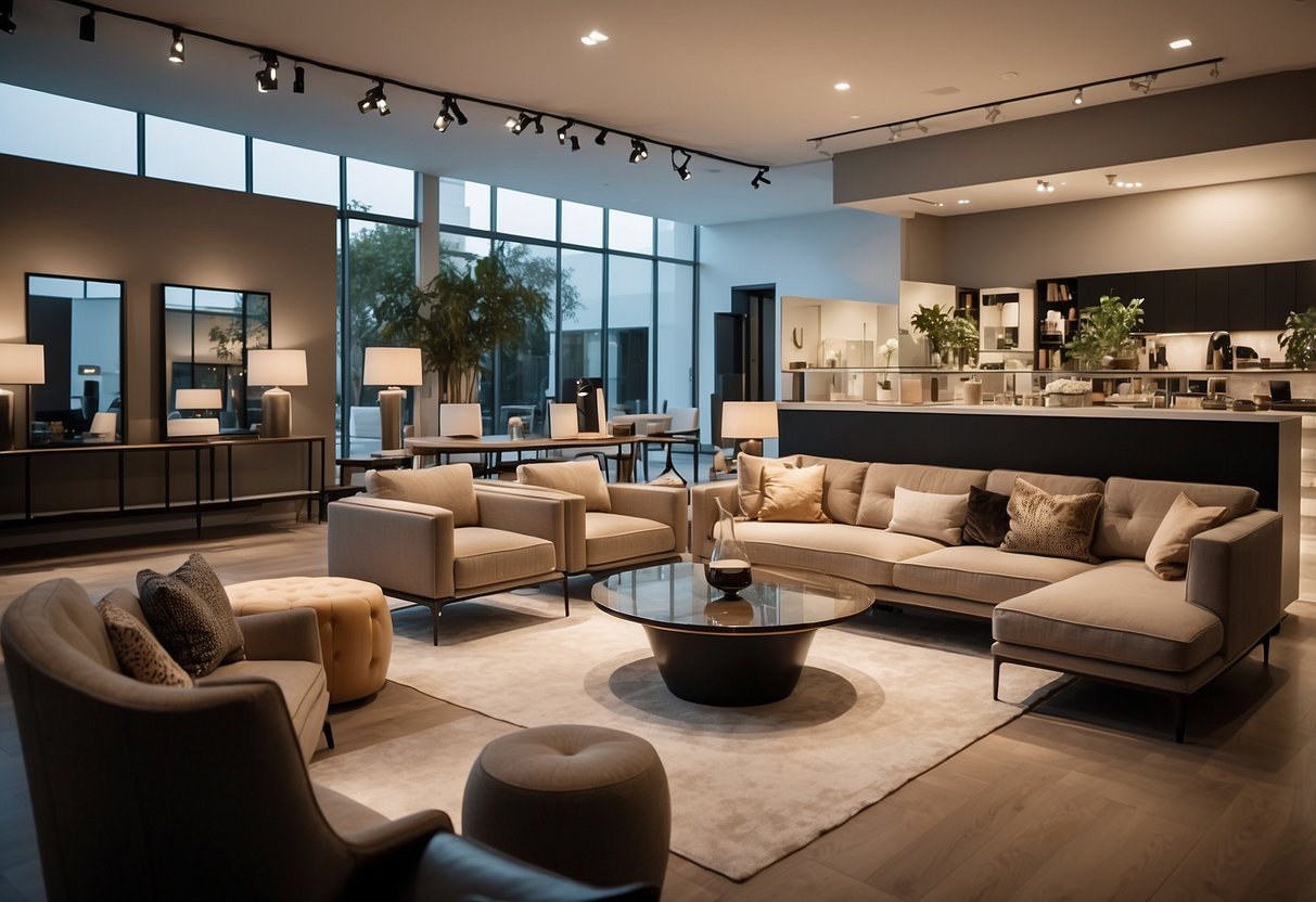 A well-lit showroom displays modern furniture sets with sleek lines and elegant finishes. Shoppers browse through the neatly arranged displays, examining the quality craftsmanship and stylish designs