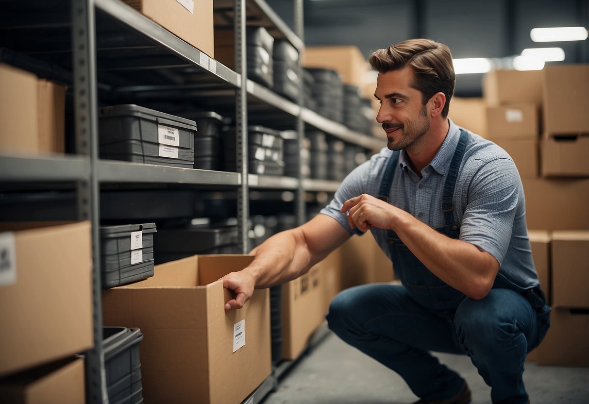 A person organizing and arranging furniture in a cheap storage unit, looking for the right storage solution