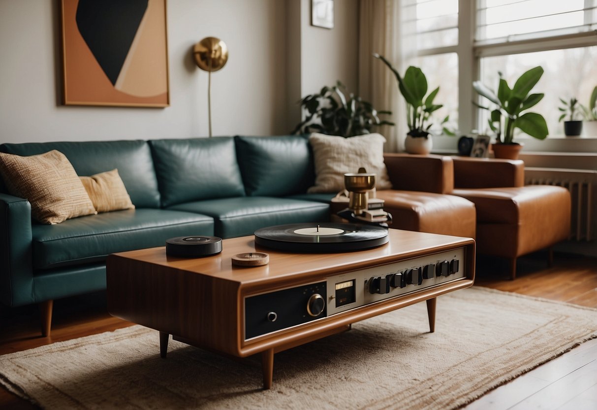 A living room with mid-century modern furniture, including a teak coffee table, a sleek leather sofa, and a vintage record player