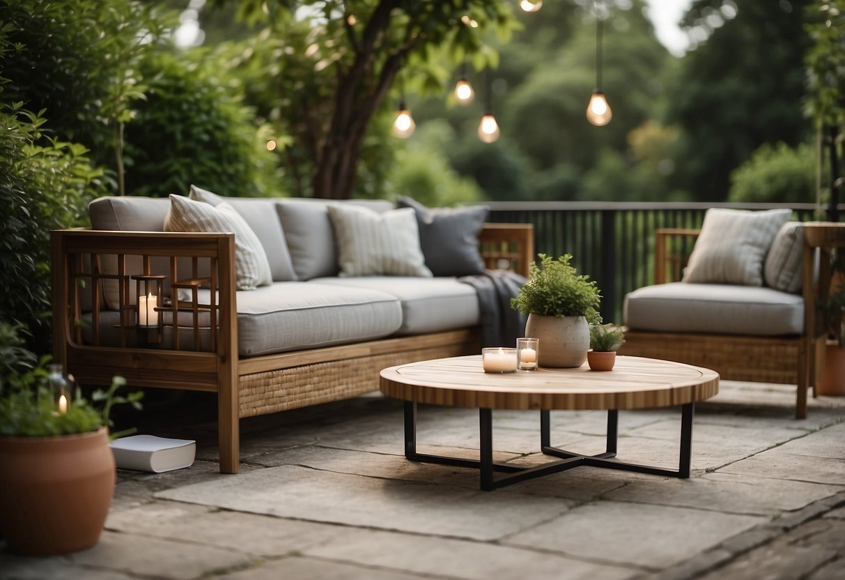 A modern outdoor furniture set surrounded by greenery, with a pergola and a small table for reading materials