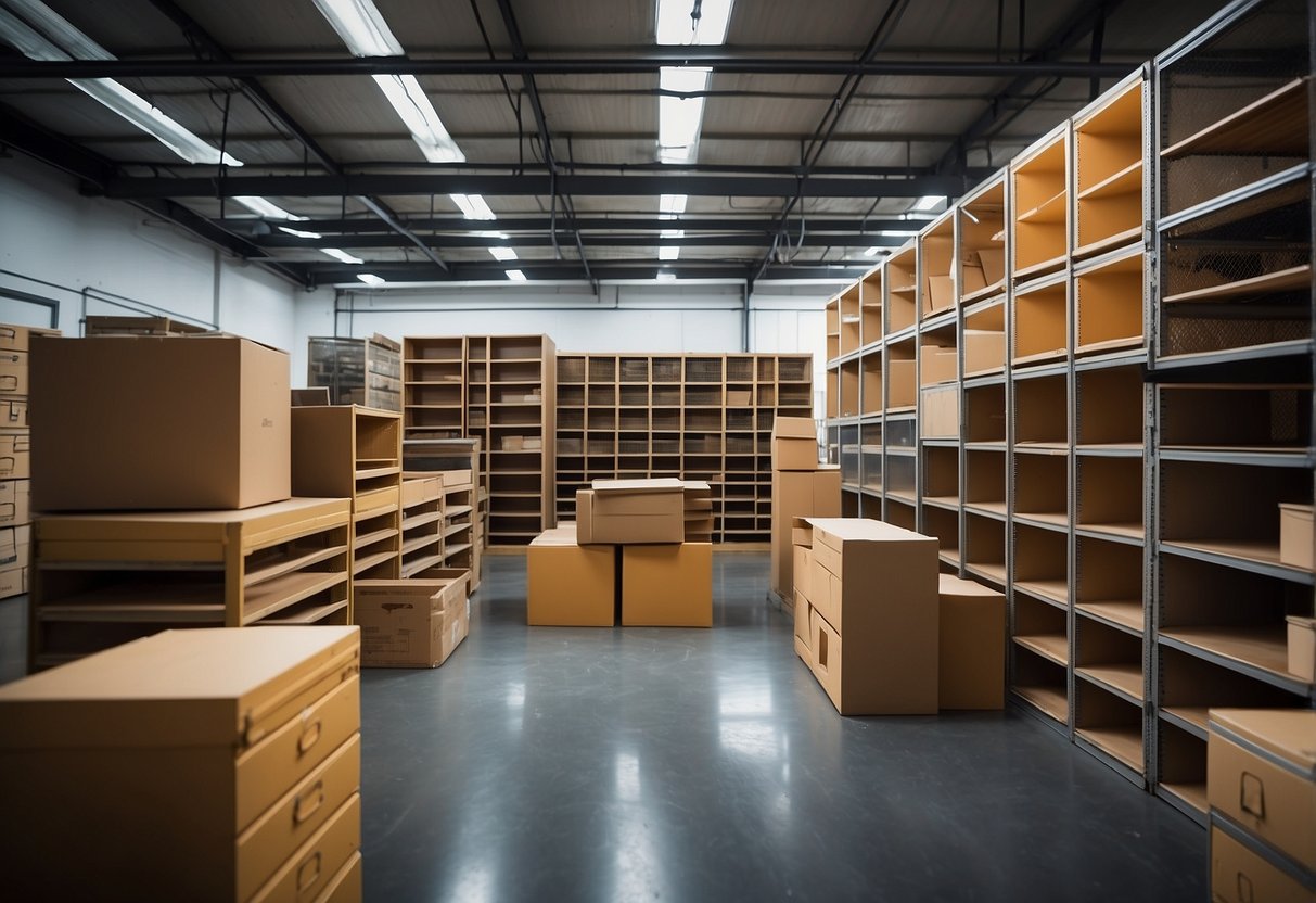 Various furniture items neatly arranged inside a cheap storage unit, with efficient use of space to maximize storage capacity