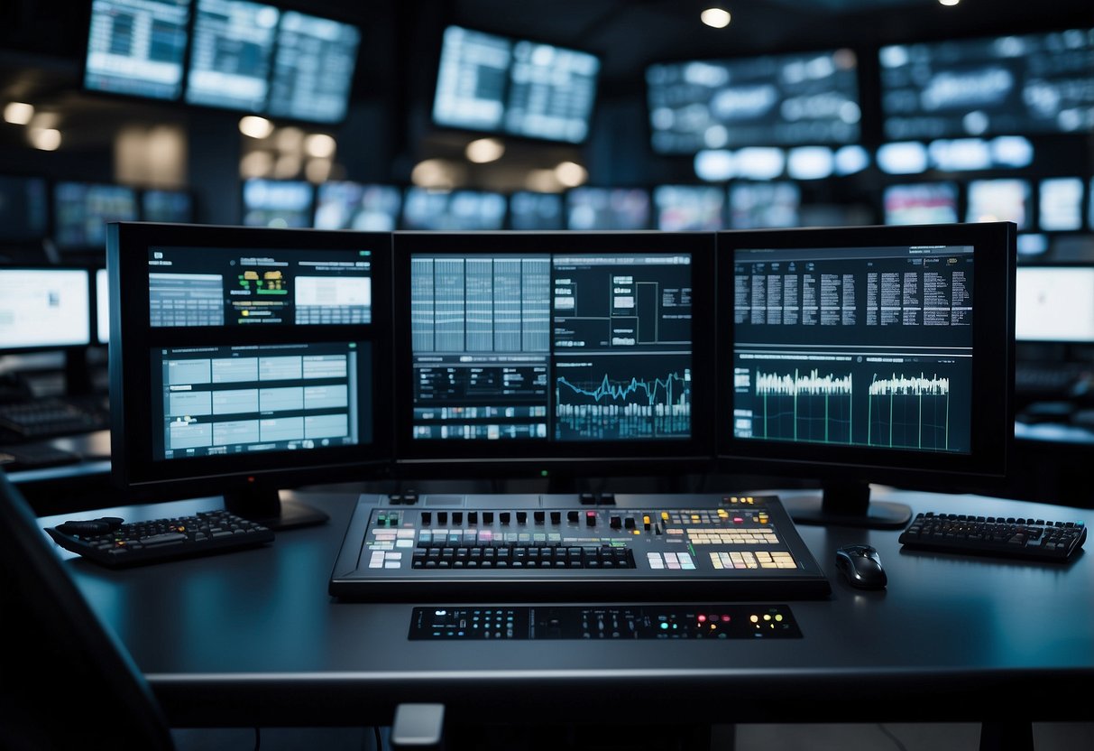 A control room console with sleek, modern furniture and multiple screens displaying data and controls