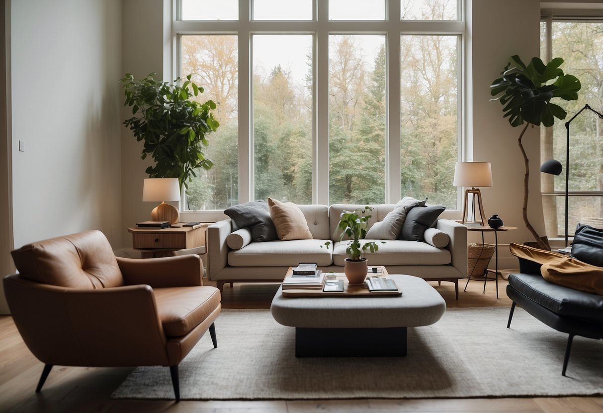 A cozy living room with a sleek sofa, a coffee table, and a modern armchair arranged around a stylish rug. The room is bathed in warm, natural light from the large windows