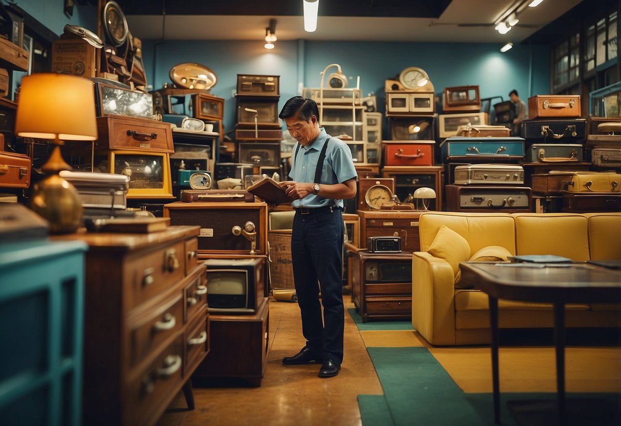 A person uncovering a hidden treasure trove of retro furniture in a Singaporean shop. The furniture is colorful, sleek, and exudes a nostalgic charm