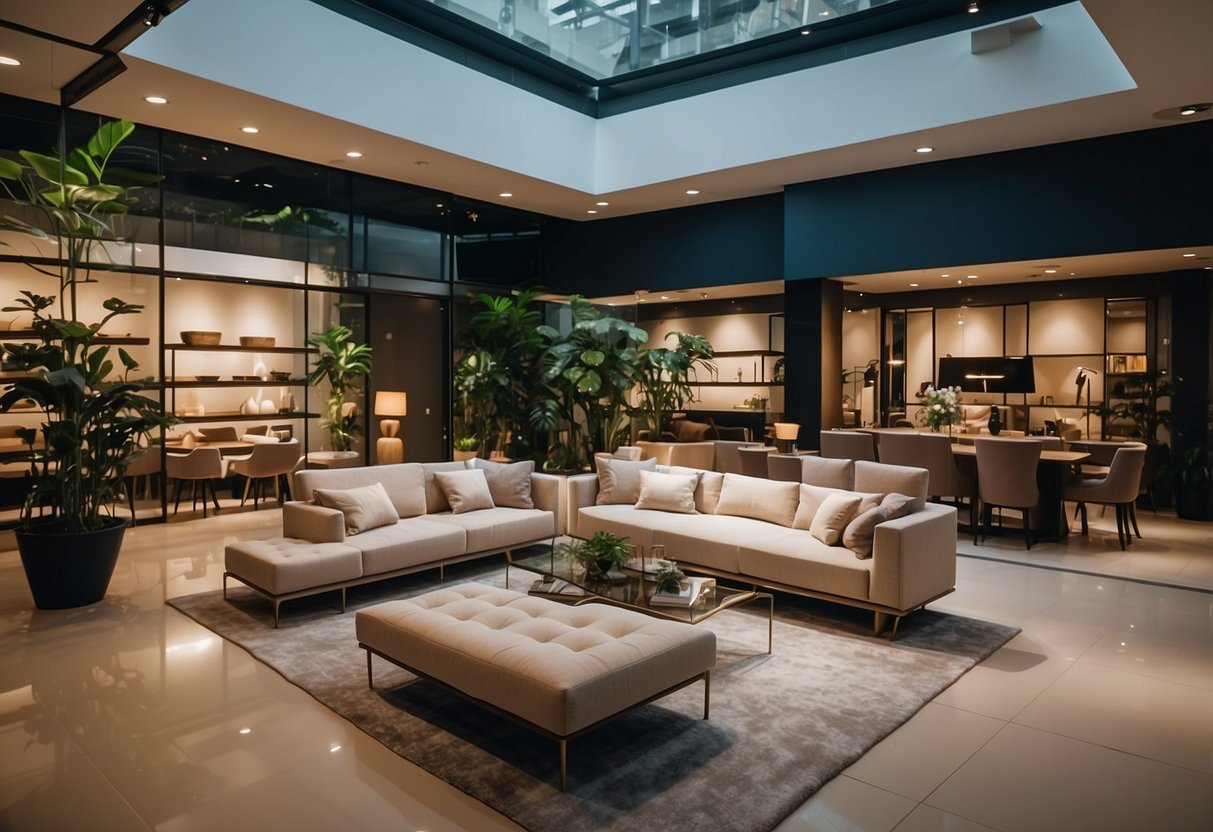 A bustling furniture showroom in Singapore, with customers browsing and staff assisting. Bright lighting and stylish displays create an inviting atmosphere