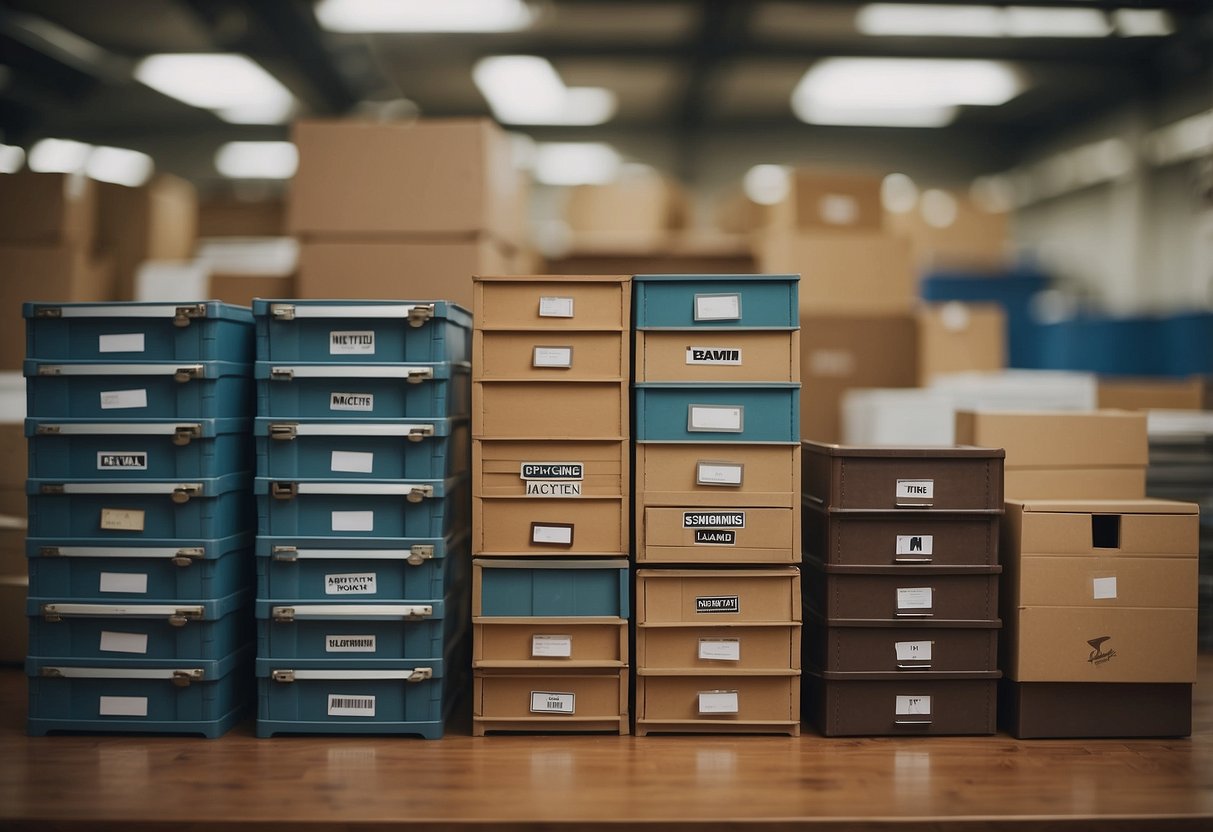 A stack of labeled storage units with various furniture items inside, surrounded by question marks and a "Frequently Asked Questions" banner