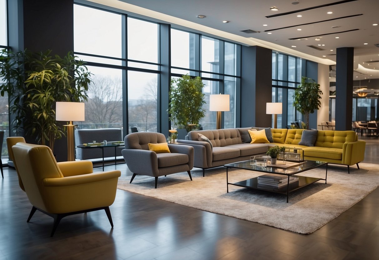 A spacious showroom displays modern furniture in various styles and colors. Bright lighting and clean lines create an inviting atmosphere for browsing