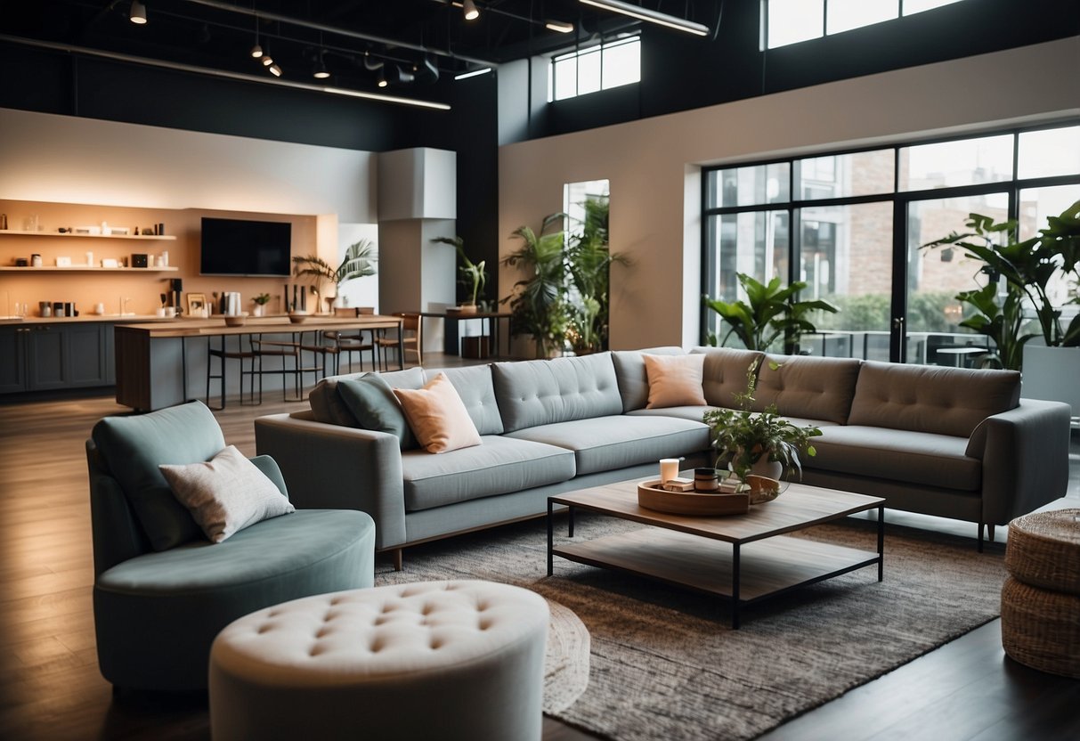 A spacious showroom with modern furniture displays, ambient lighting, and a minimalist color scheme. Multiple areas for browsing and testing furniture