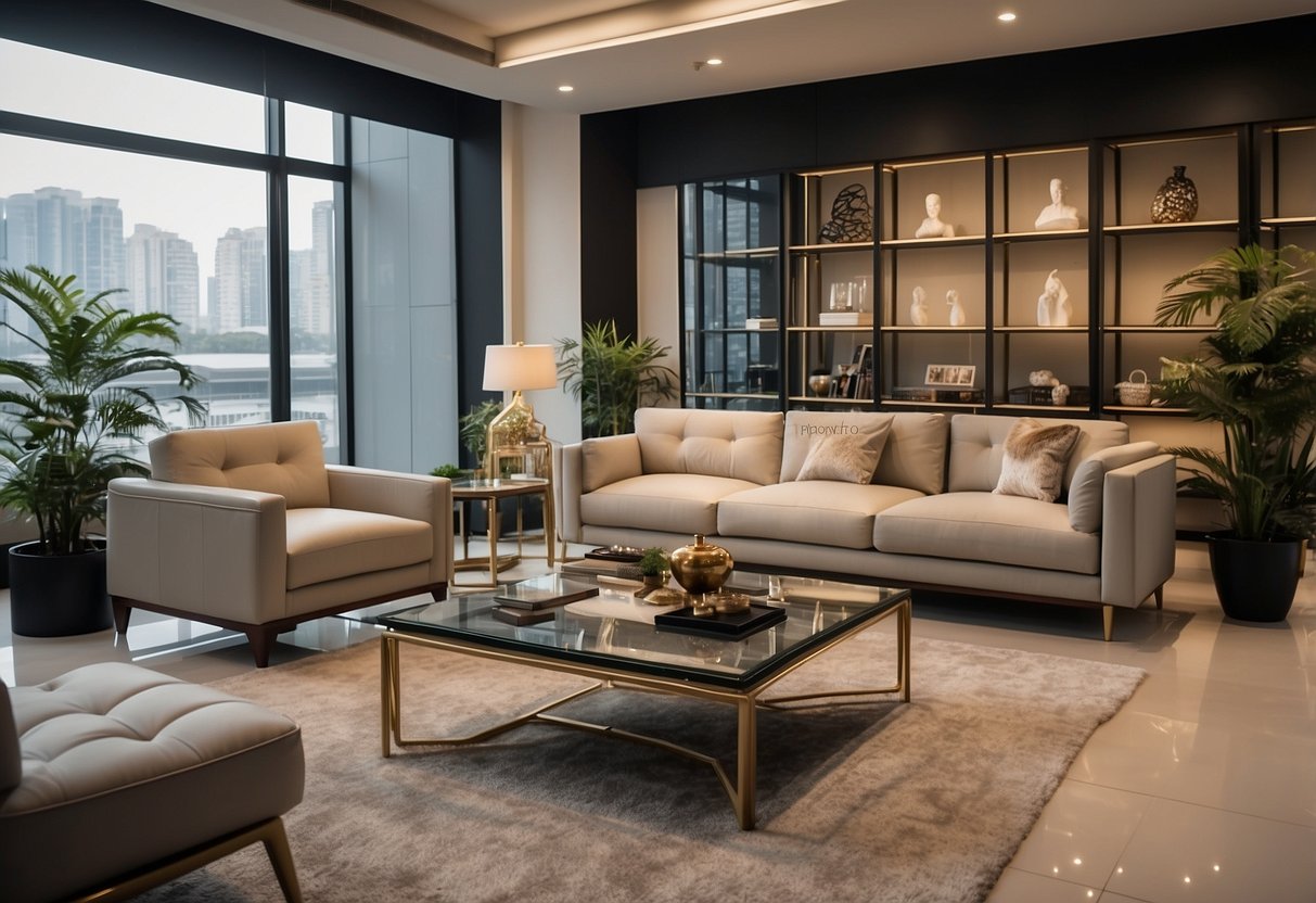 A spacious showroom with modern furniture displays at Keat Hong Furniture