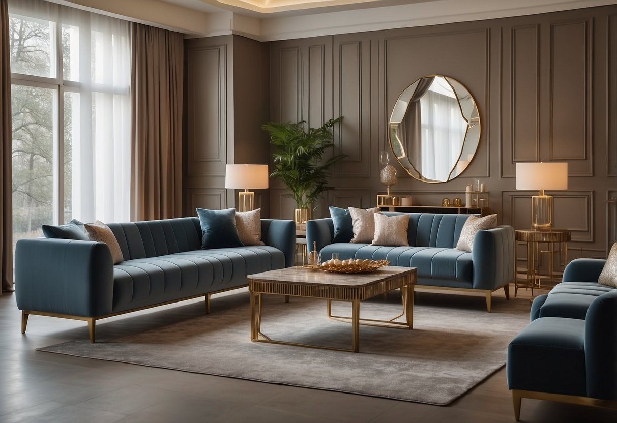 A spacious showroom with rows of elegant furniture. Soft lighting highlights the polished wood and luxurious fabrics. Decorative accents add a touch of sophistication