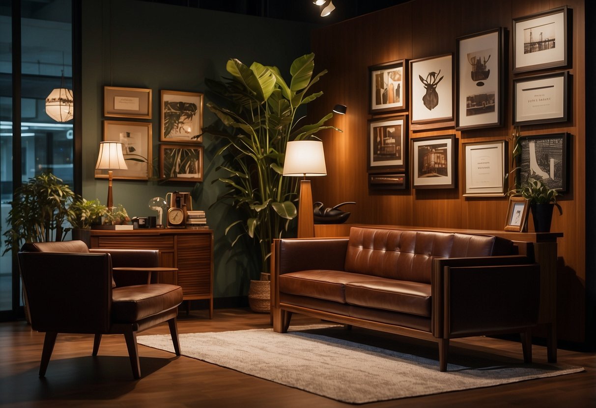A spotlight illuminates a display of vintage furniture in a Singapore store. Rich wood tones and sleek mid-century designs create a nostalgic atmosphere