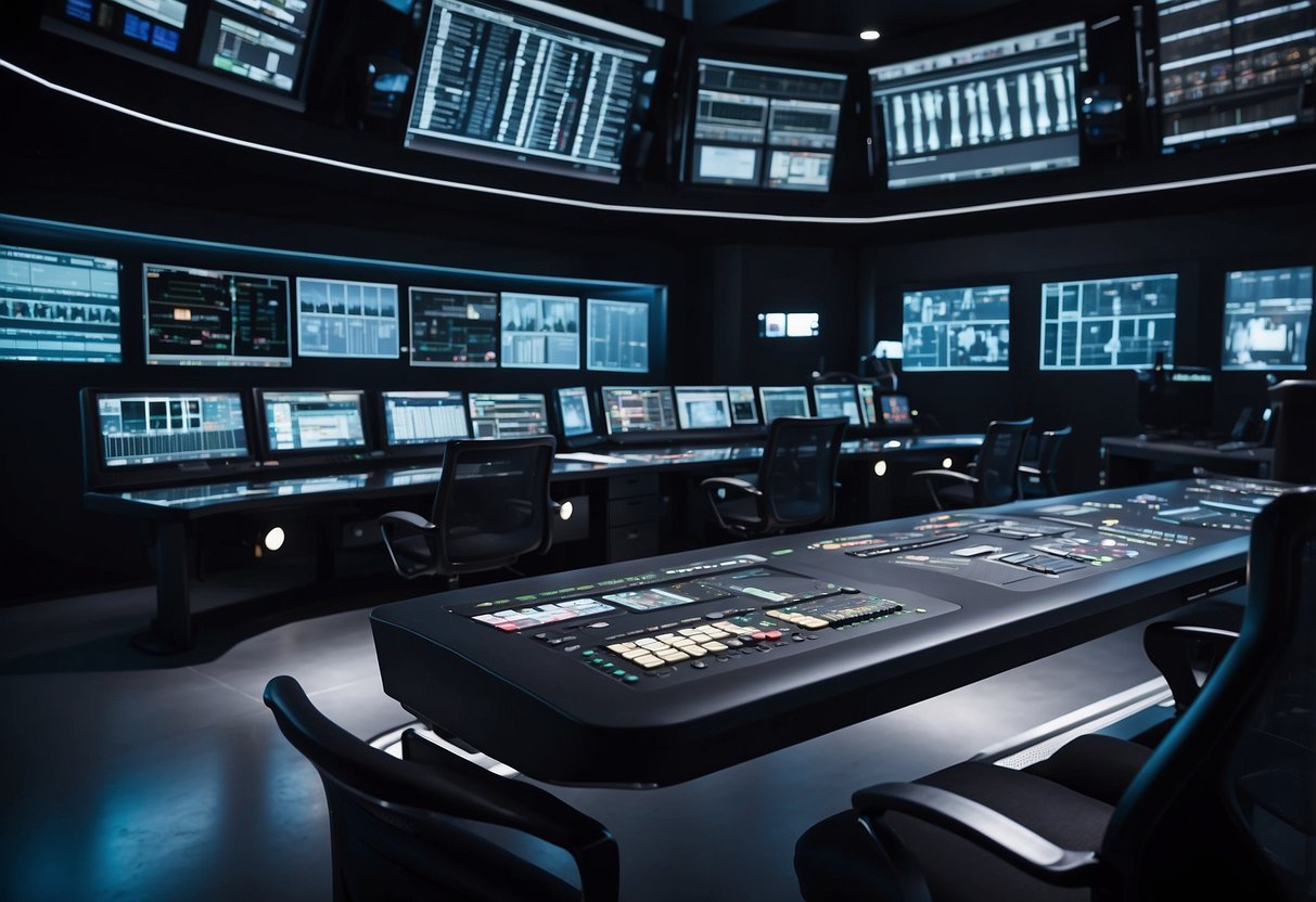 A sleek, modern control room console with adjustable panels and ergonomic chairs for operators. Multiple screens and control panels are integrated into the design for efficient use
