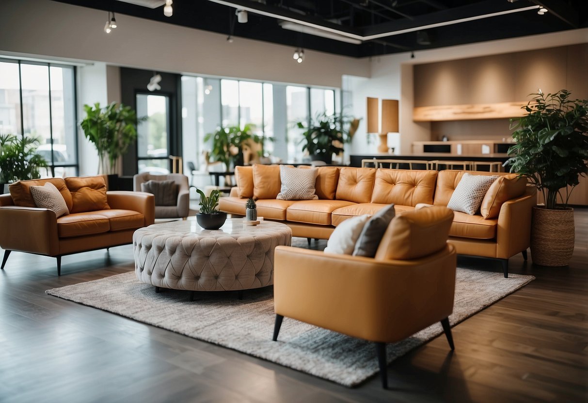 A spacious and well-lit furniture showroom with modern and stylish displays, comfortable seating areas, and convenient service counters