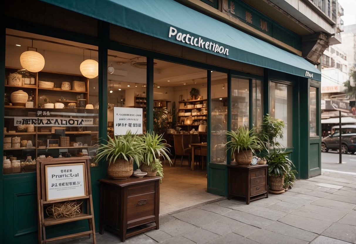 A storefront with "Practical Information" sign above, displaying furniture items outside Keat Hong