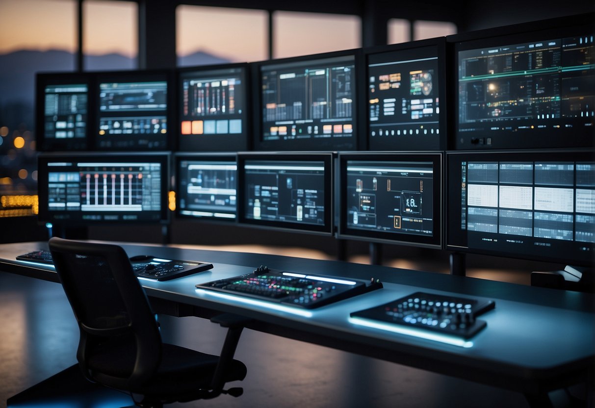A sleek, modern control room console with integrated screens and adjustable panels for functionality and seamless integration