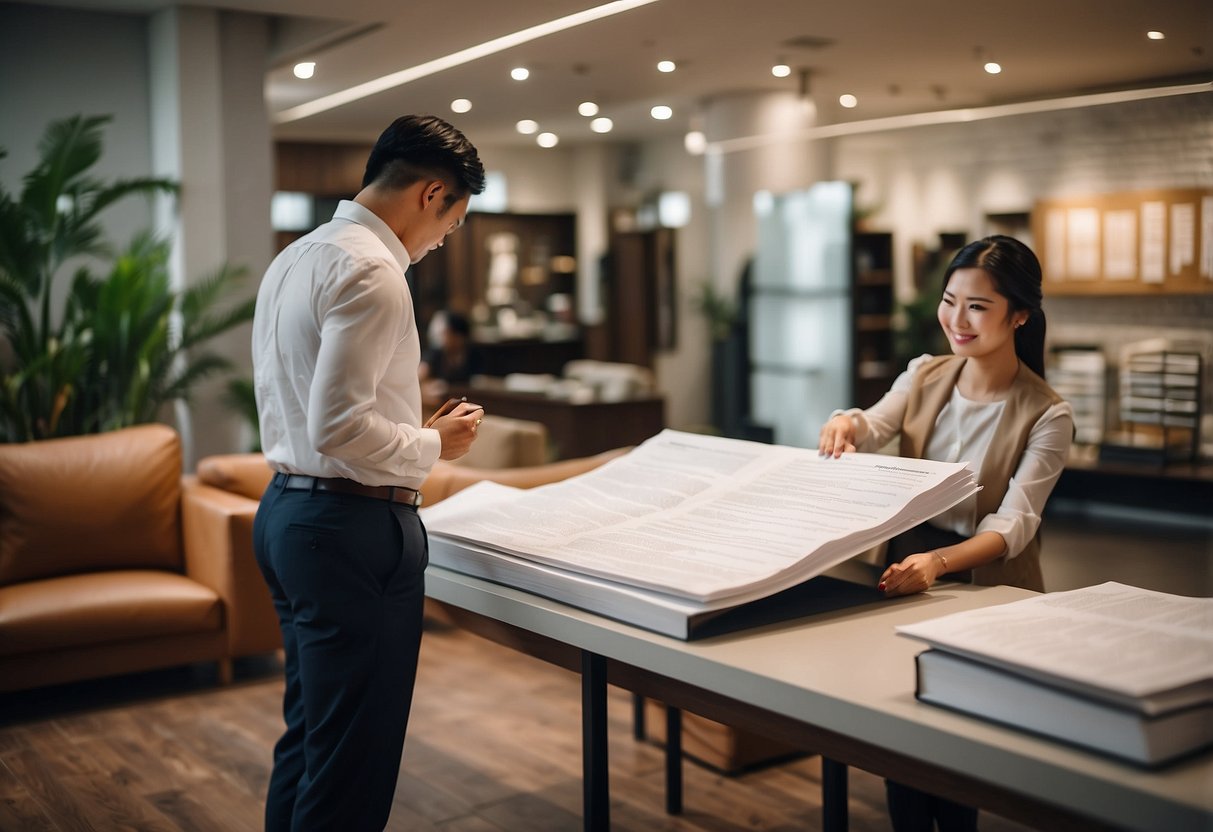 A customer browsing through a list of frequently asked questions about Keat Hong furniture, with a helpful customer service representative standing by to assist