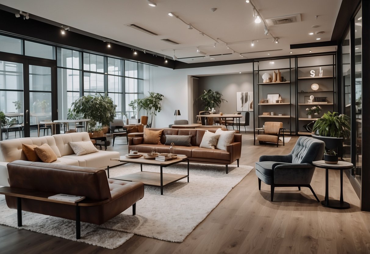 A spacious, well-lit showroom with modern and classic furniture displays. Clear signage and organized sections for easy navigation