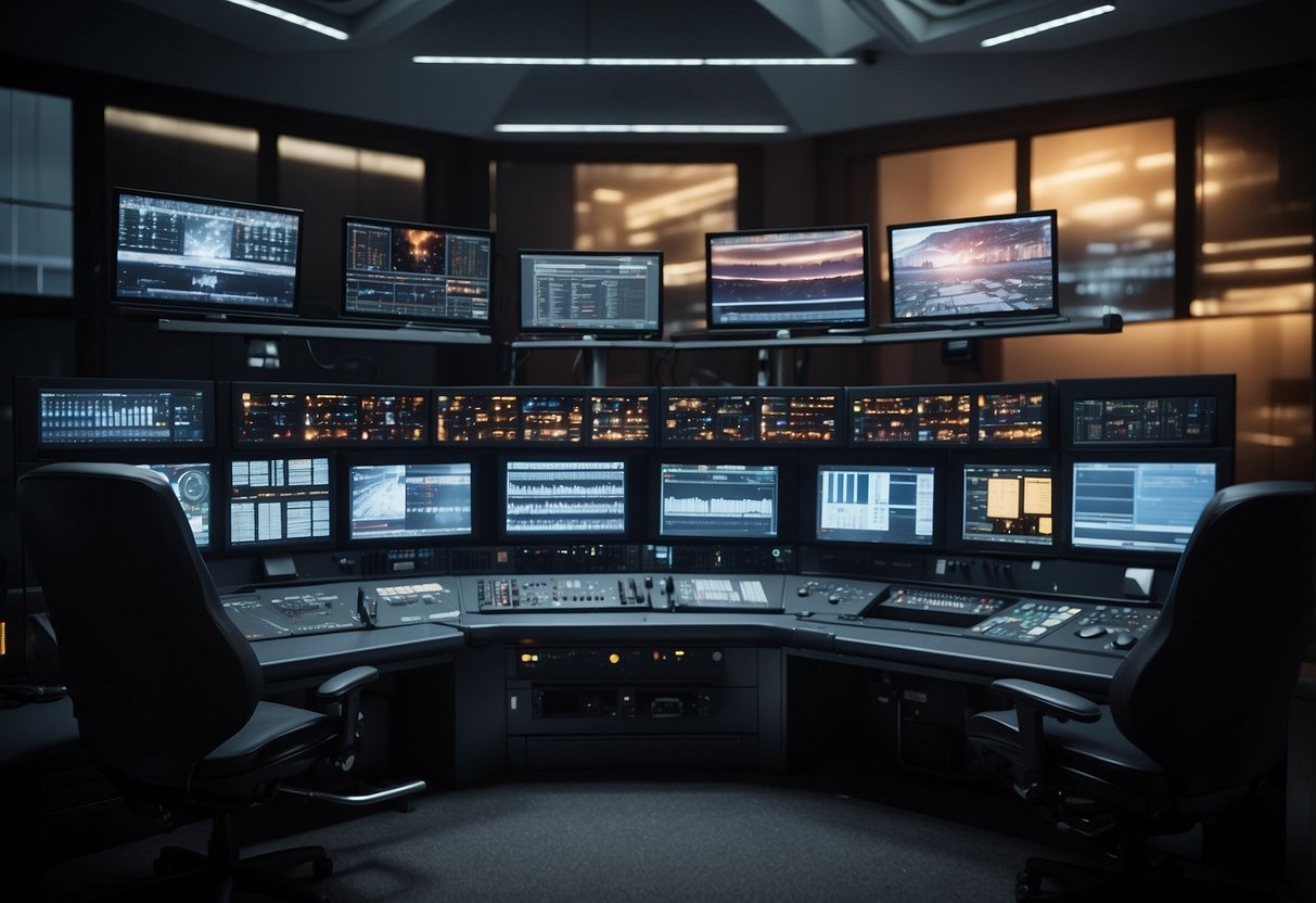 A control room console with multiple screens and buttons, surrounded by ergonomic furniture for operators