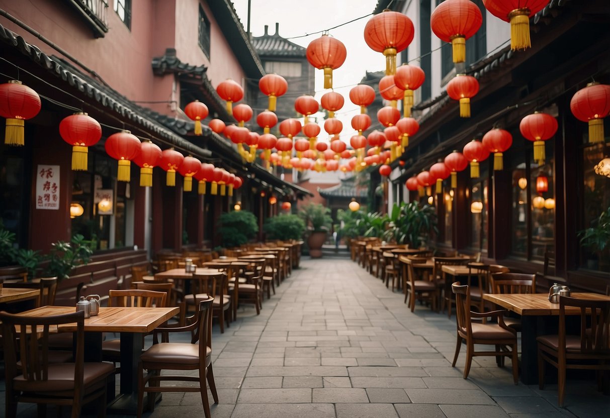 The Chinese restaurant is filled with wooden tables, chairs, and paper lanterns, creating a cozy and authentic atmosphere