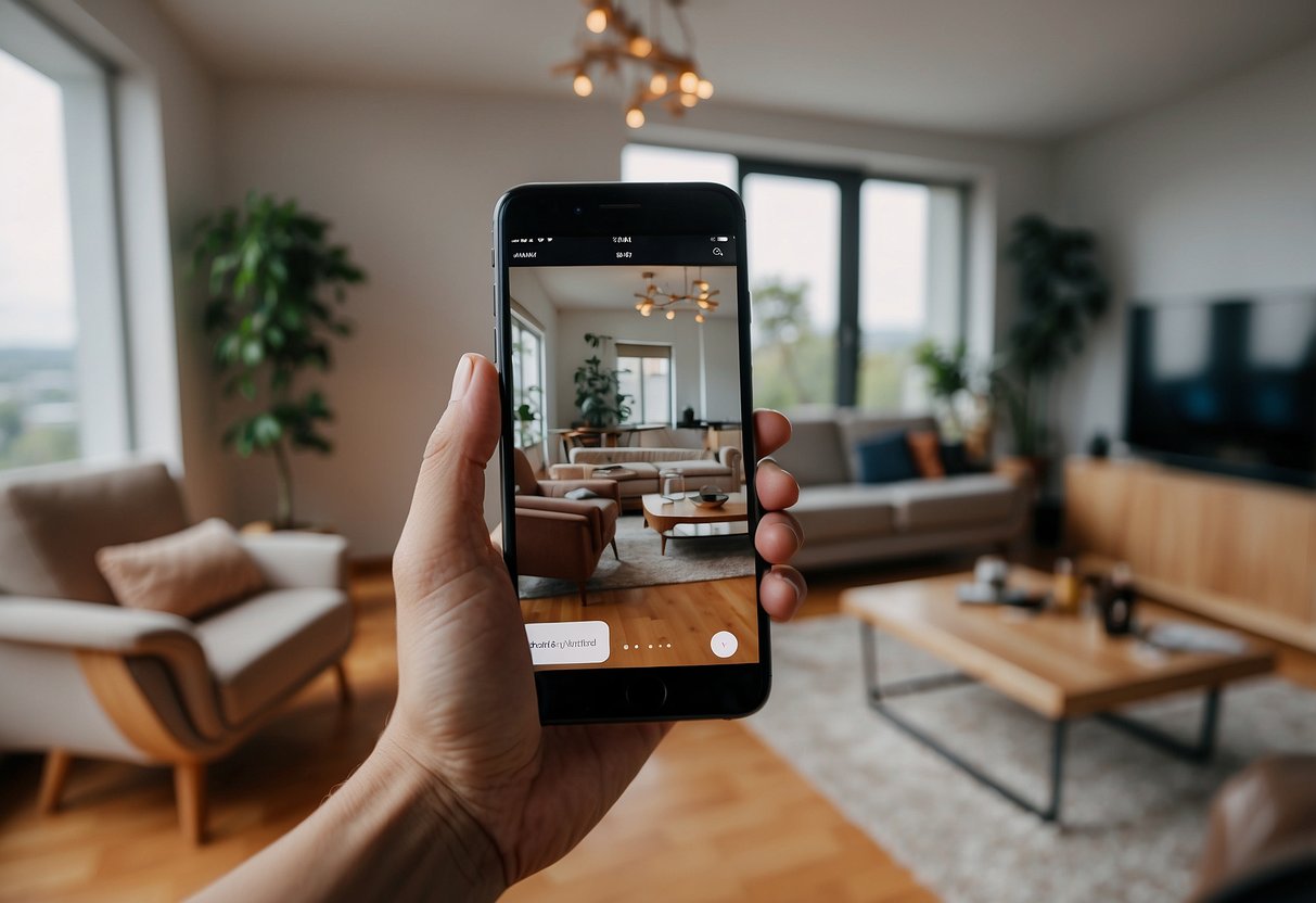 A person uses a smartphone to view virtual furniture in their living room through an augmented reality app