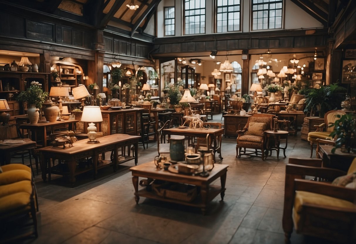 A bustling furniture market with eclectic pieces displayed in a historic building