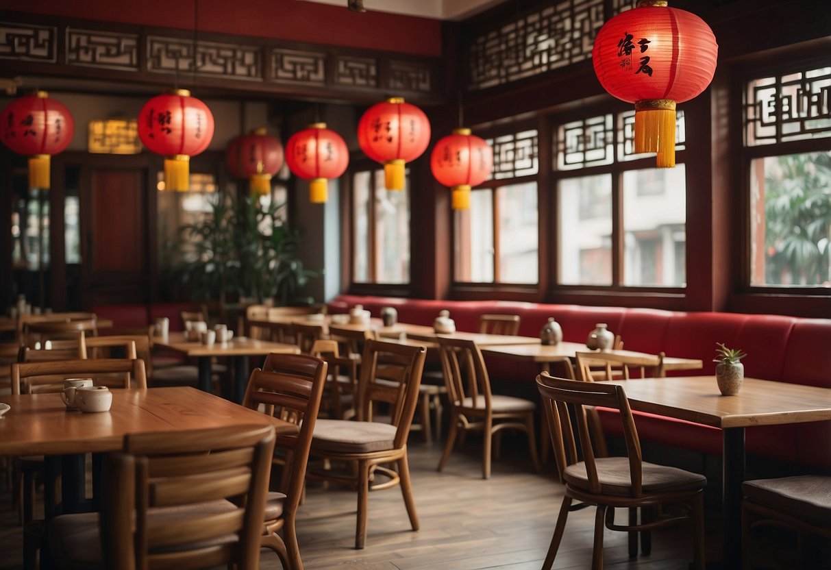 Wooden tables, red cushioned chairs, paper lanterns, and traditional Chinese artwork decorate the cozy restaurant interior