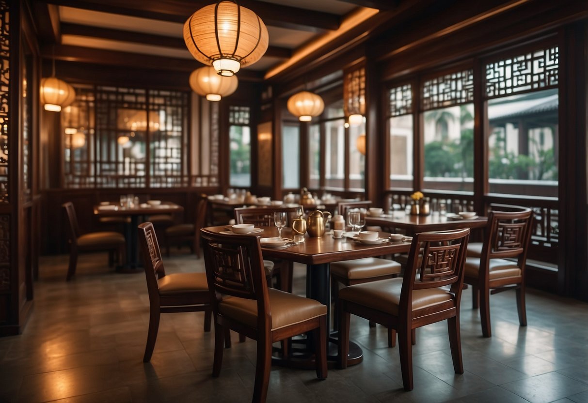 The cozy Chinese restaurant is adorned with elegant wooden tables and chairs, soft ambient lighting, and traditional decorative elements, creating the perfect dining atmosphere