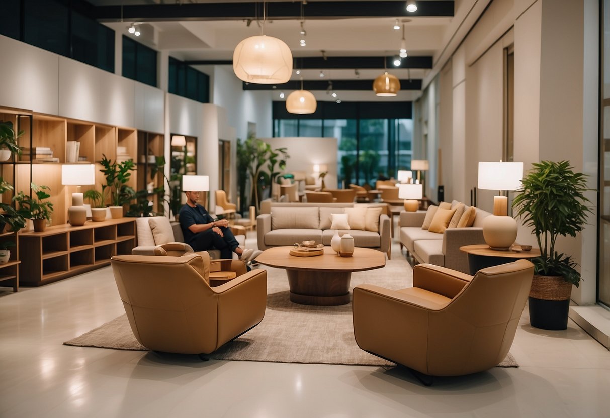 Customers browsing modern furniture in Tan Boon Liat Building's spacious showroom