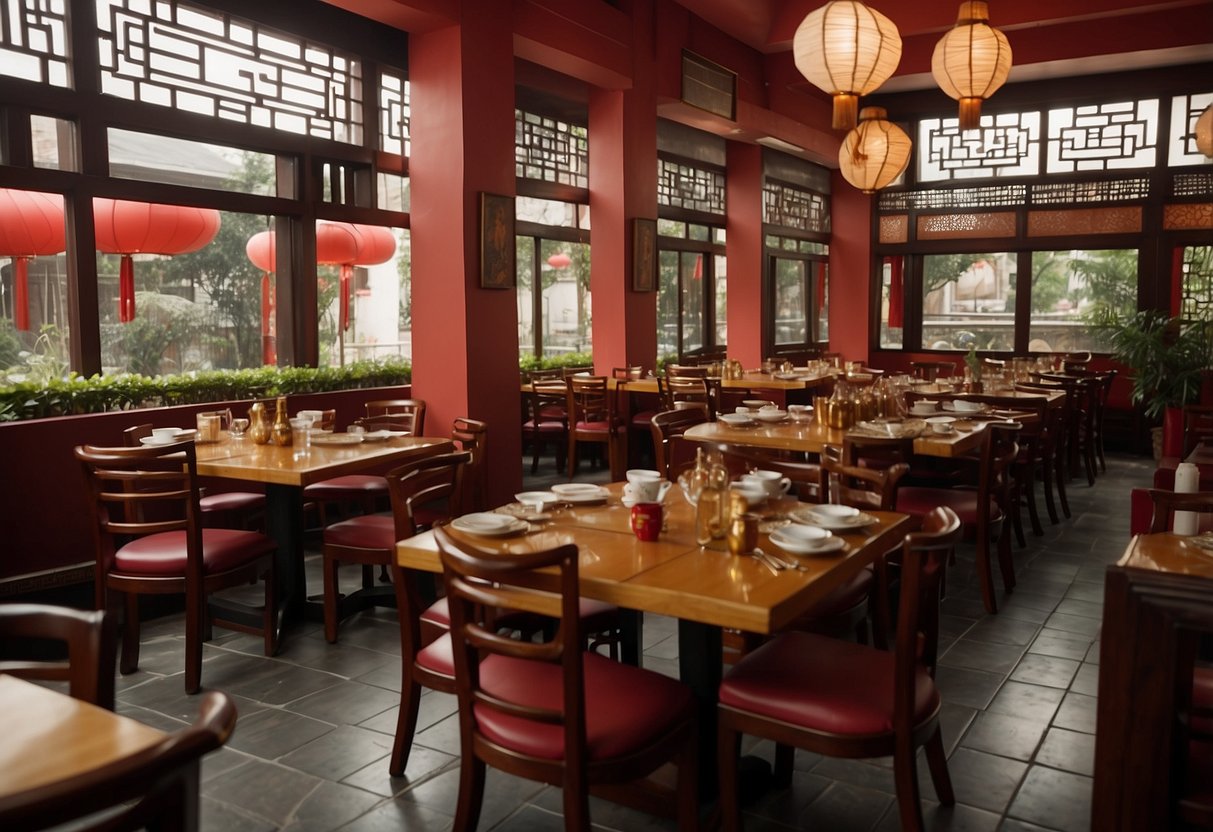 A bustling Chinese restaurant with traditional wooden tables and chairs, adorned with red and gold accents. The room is filled with the sound of clinking dishes and lively chatter
