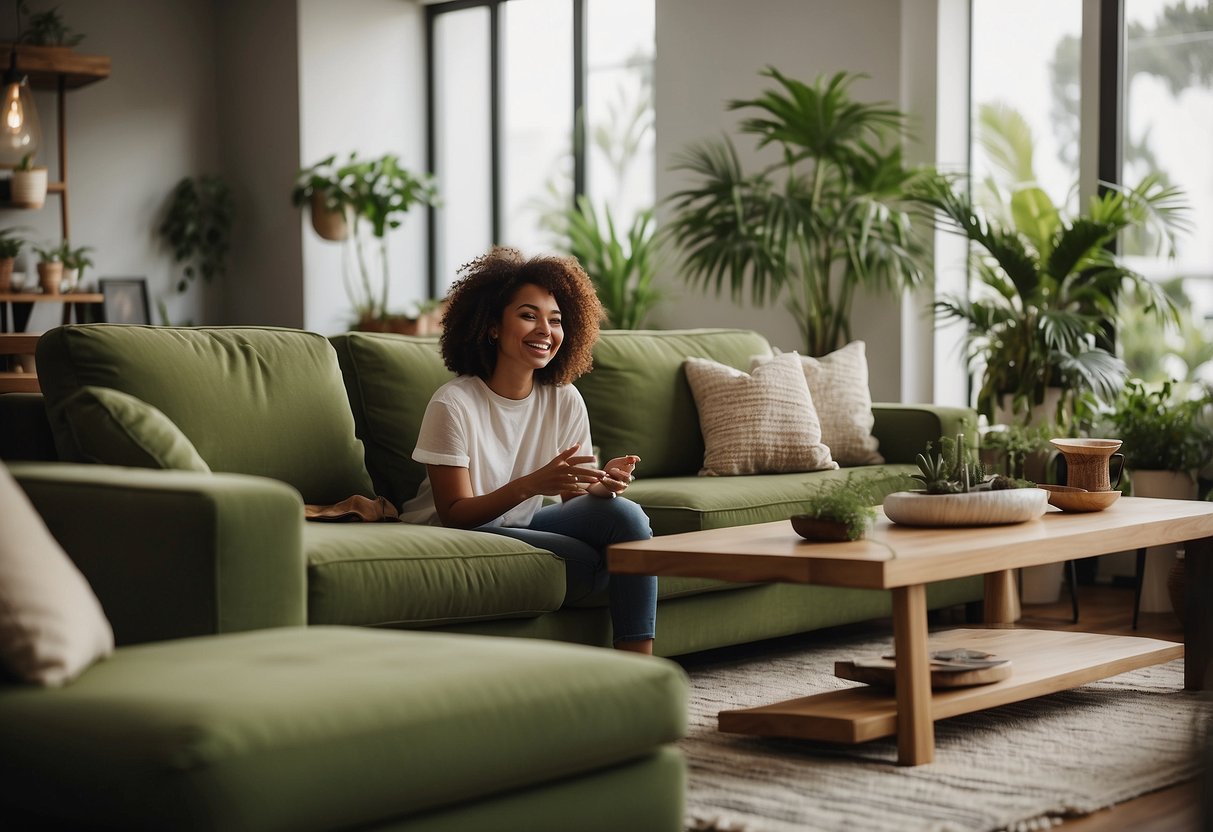 A cozy living room with modern furniture, soft lighting, and lush green plants. A customer smiles while browsing through a selection of stylish home decor items