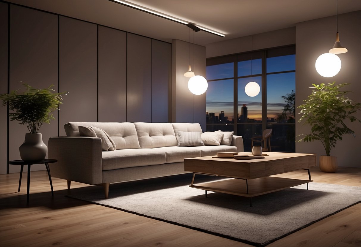 A room with virtual furniture overlaying real objects, as seen through a smartphone or AR glasses. The furniture includes a sofa, coffee table, and lamp