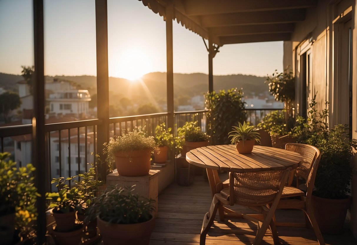 A cozy balcony with a wooden dining table, chairs, and potted plants. The sun is setting, casting a warm glow on the scene