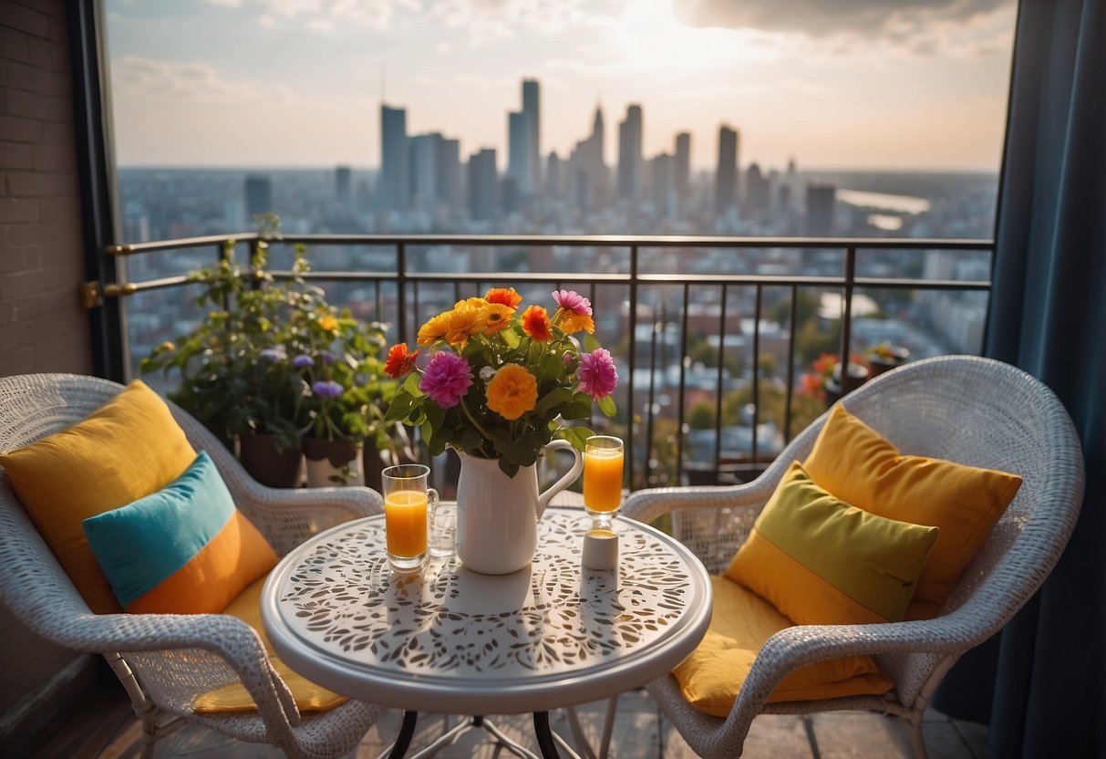 A cozy balcony with a small table and two chairs, set with a colorful tablecloth and a vase of flowers. The chairs have comfortable cushions, and the view overlooks a bustling city street