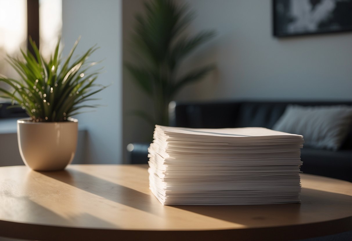 A stack of FAQ sheets on a sleek, modern table with a stylish chair nearby. Light pours in from a nearby window, casting a warm glow on the scene