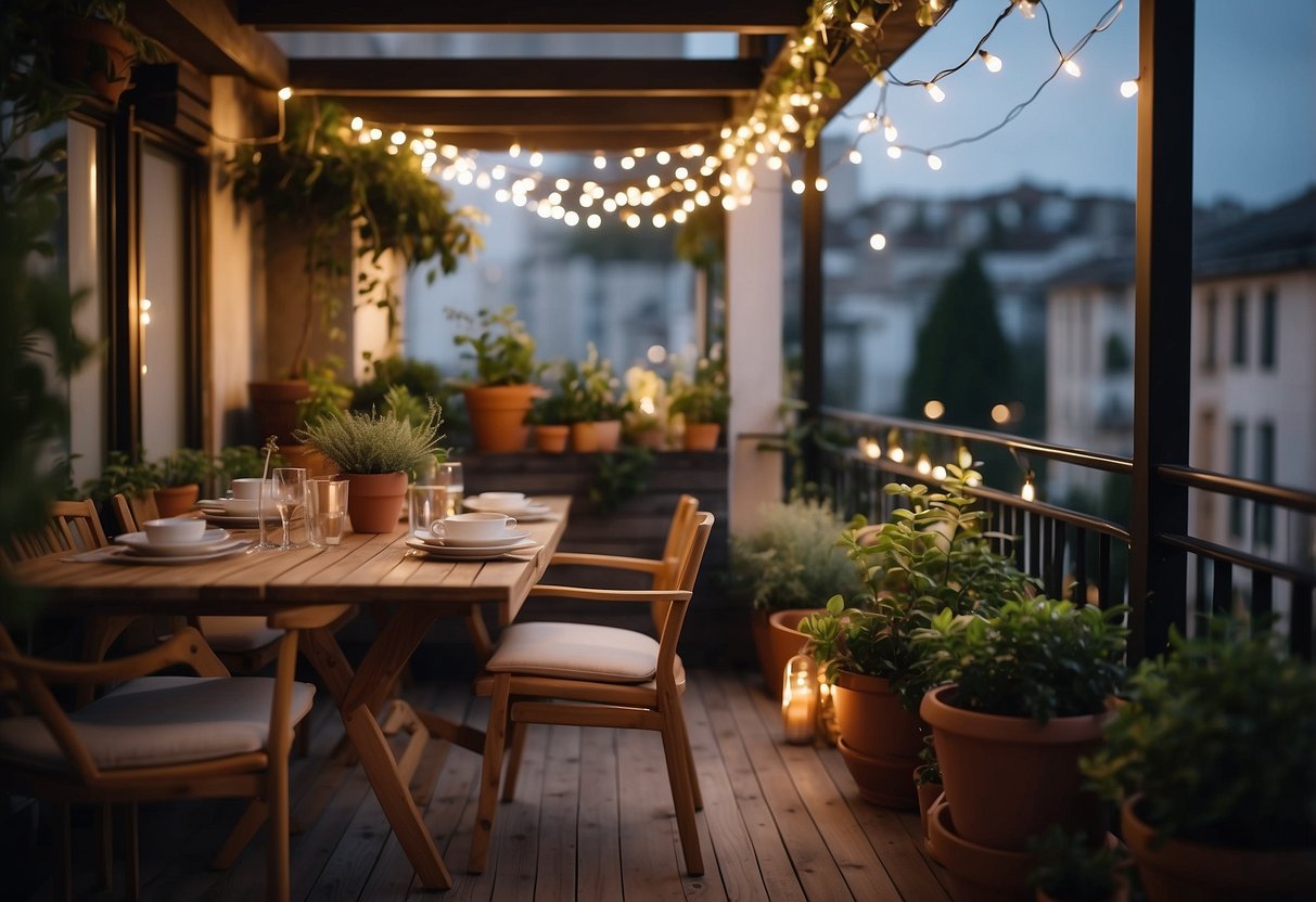 A cozy balcony with a sleek dining set, surrounded by potted plants and twinkling string lights