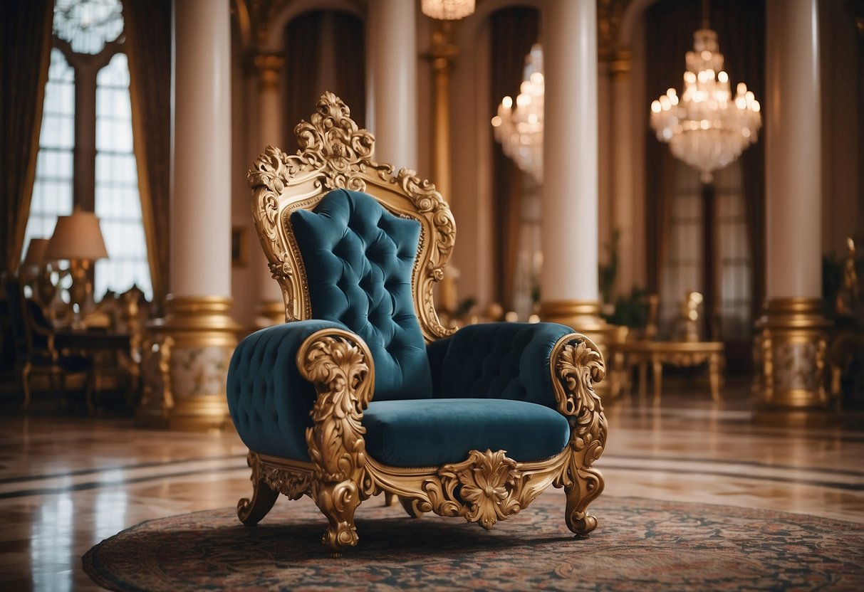 A grand, regal throne sits atop a raised platform, surrounded by opulent, ornate furniture in a spacious, luxurious room