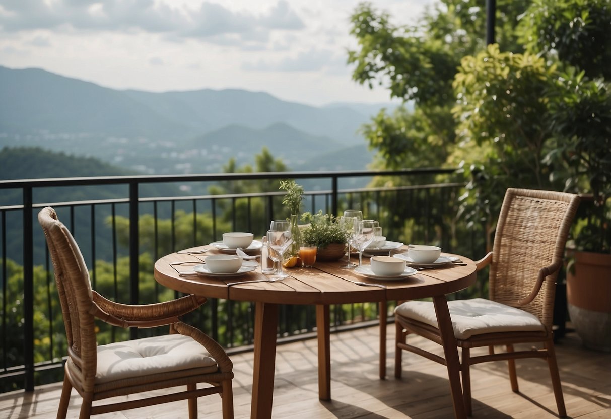 A table set with elegant balcony dining furniture, surrounded by lush greenery and overlooking a scenic view