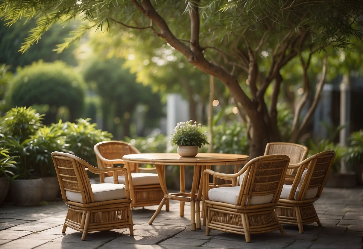 A serene garden with bamboo furniture arranged under a shady tree