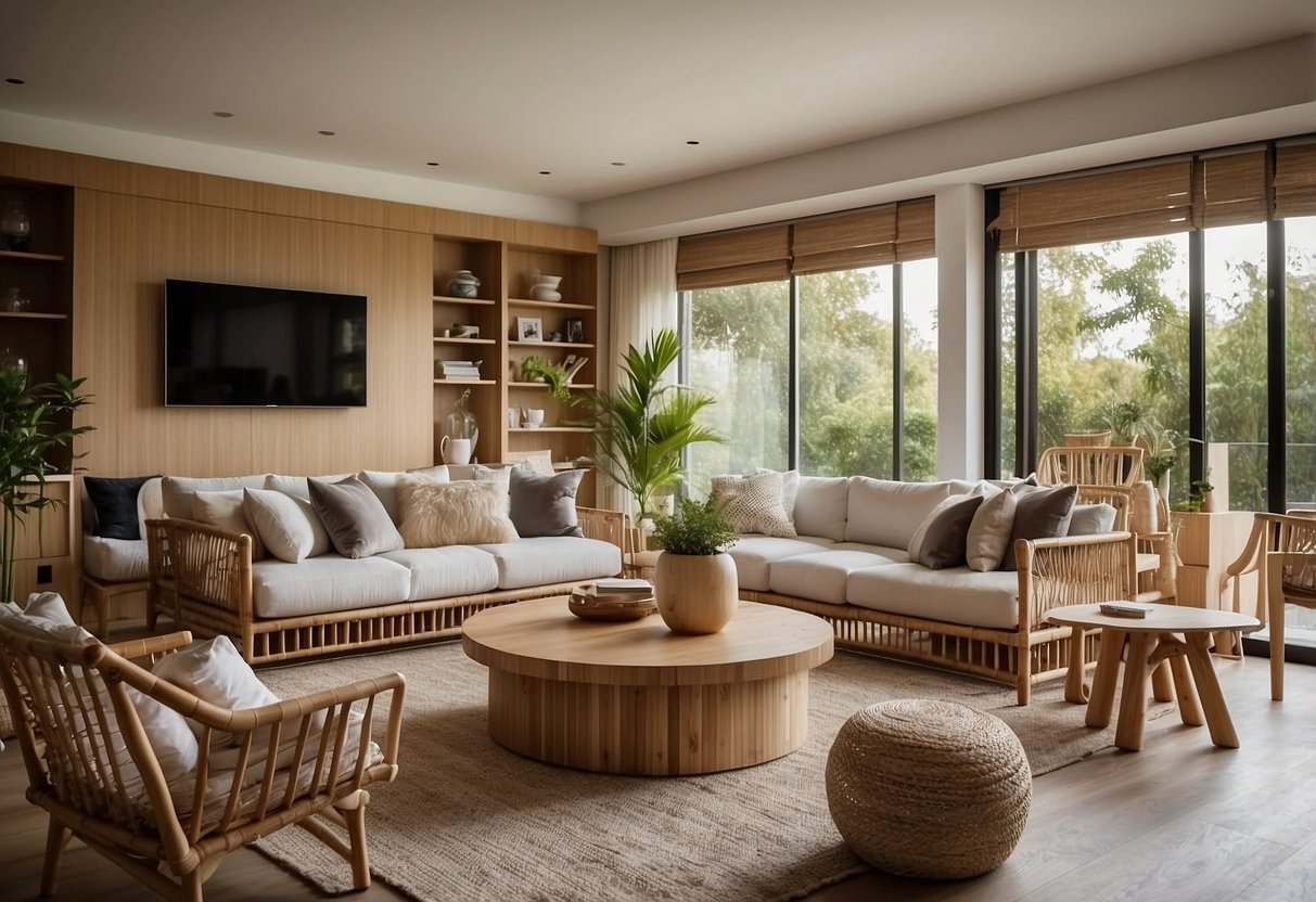 A modern living room with sleek bamboo furniture, including a coffee table, chairs, and shelves. The natural bamboo material adds warmth and texture to the space