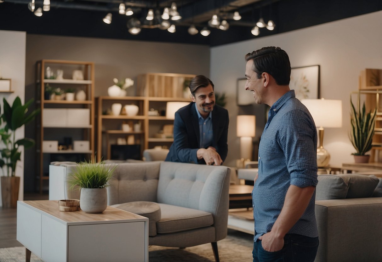 A customer browsing through a showroom of modern furniture, with a sales associate assisting and showcasing various pieces