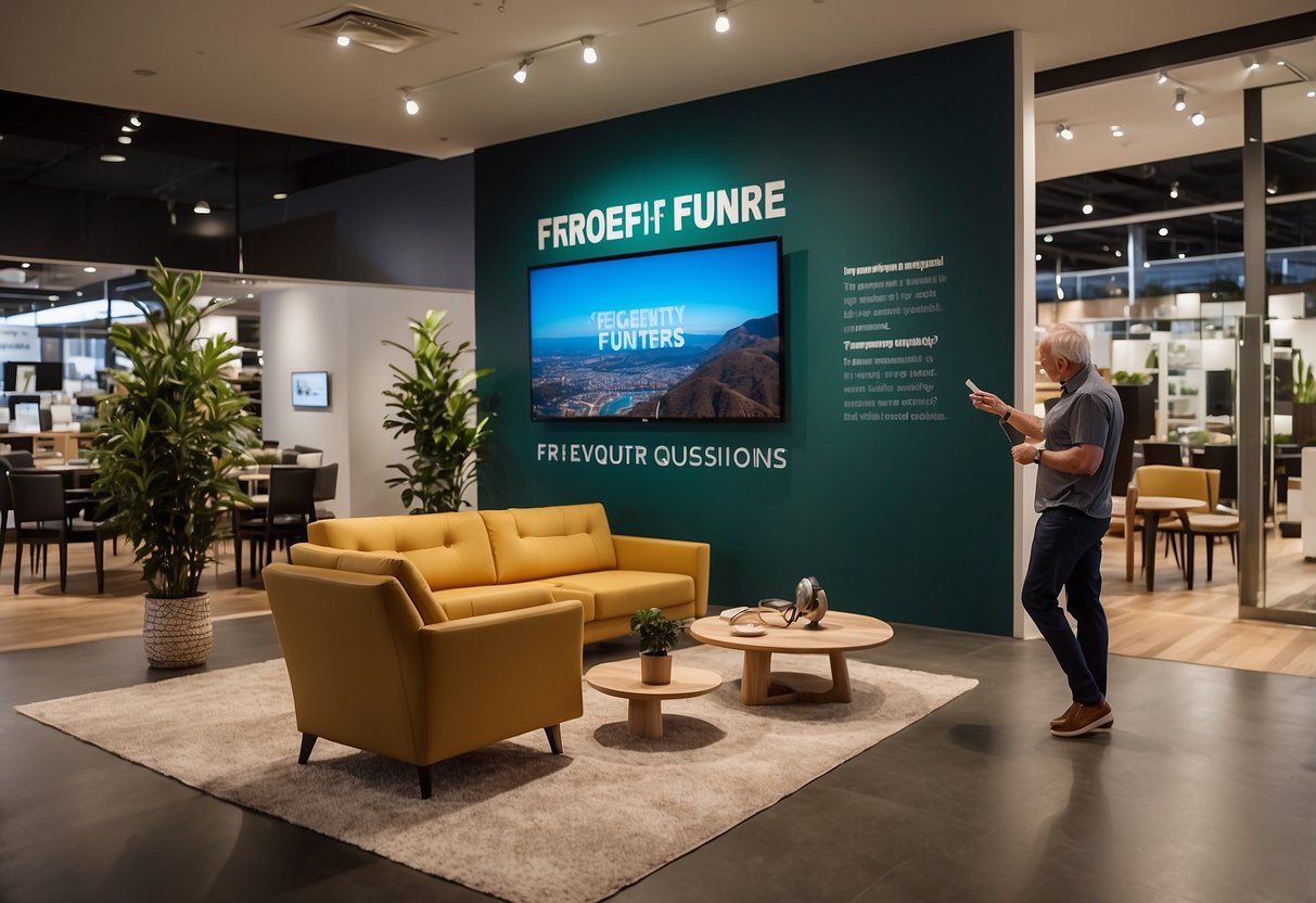 A customer browsing through a display of furniture with a "Frequently Asked Questions" sign in the background at King Furniture Perth